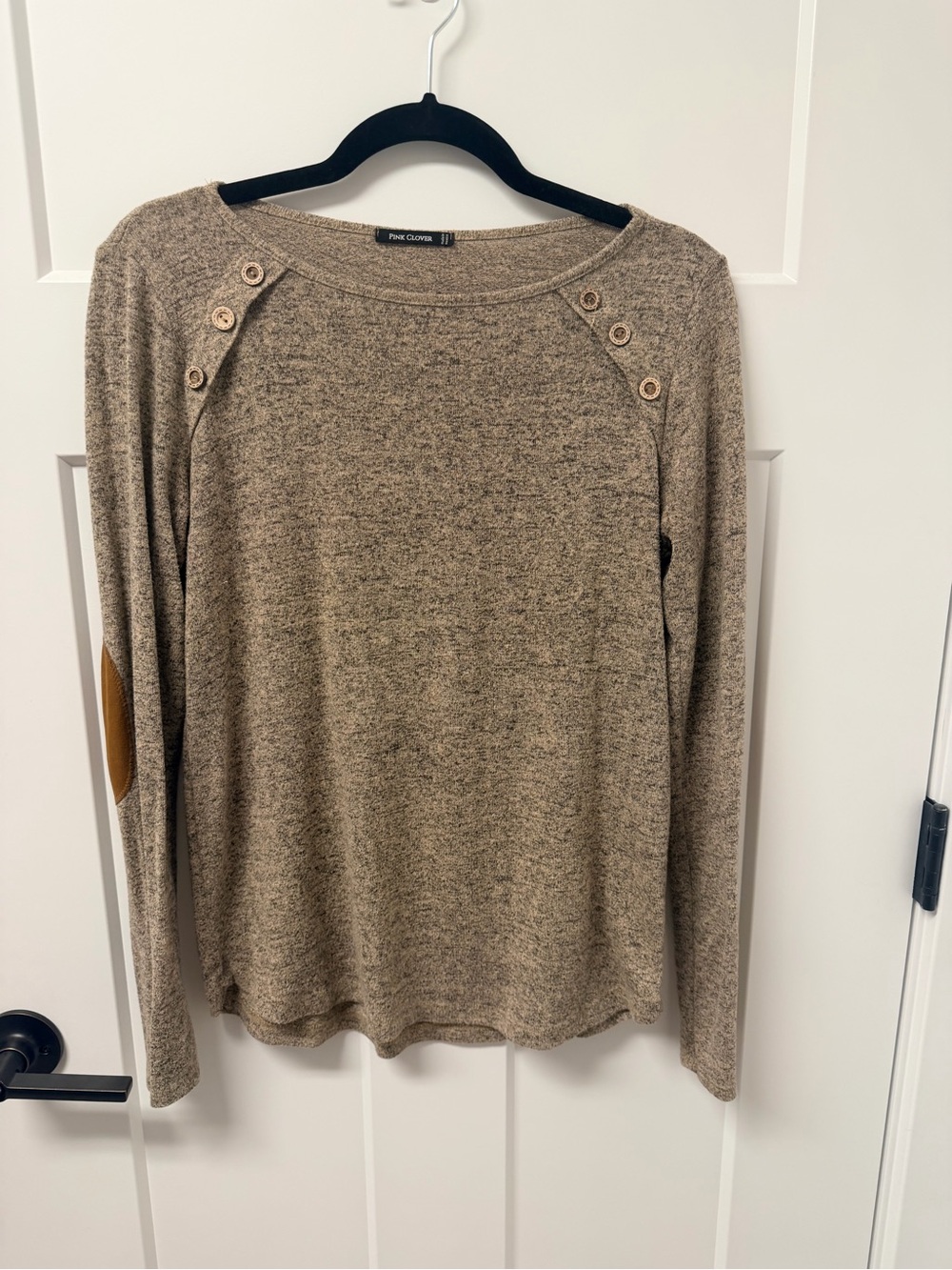 Pink Clover Women's Heathered Tan Long Sleeve Top with Elbow Patches